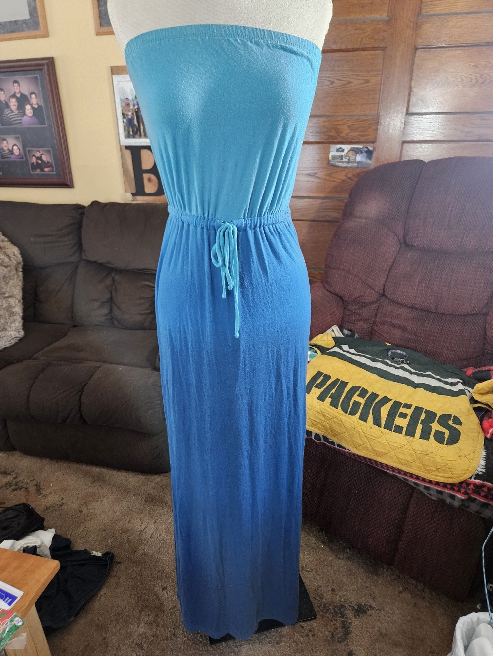 Y2K Old Navy Strapless Ombre Blue Maxi Dress with Drawstring Waist
